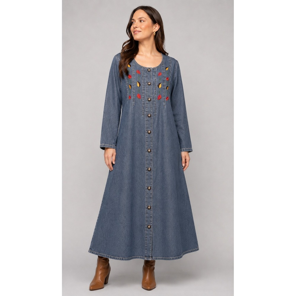Vintage 90s Jane Ashley Denim Maxi Dress M Embroidered Button Front Prairie